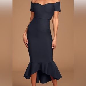 How Much I Care Midnight Blue Off-the-Shoulder Midi Dress
